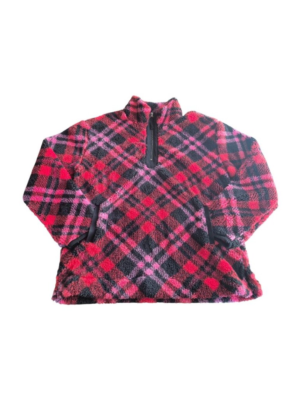Maurices Red & Black Plaid Sherpa 1/4 Zip Pullover Size M cabincore gorpcore